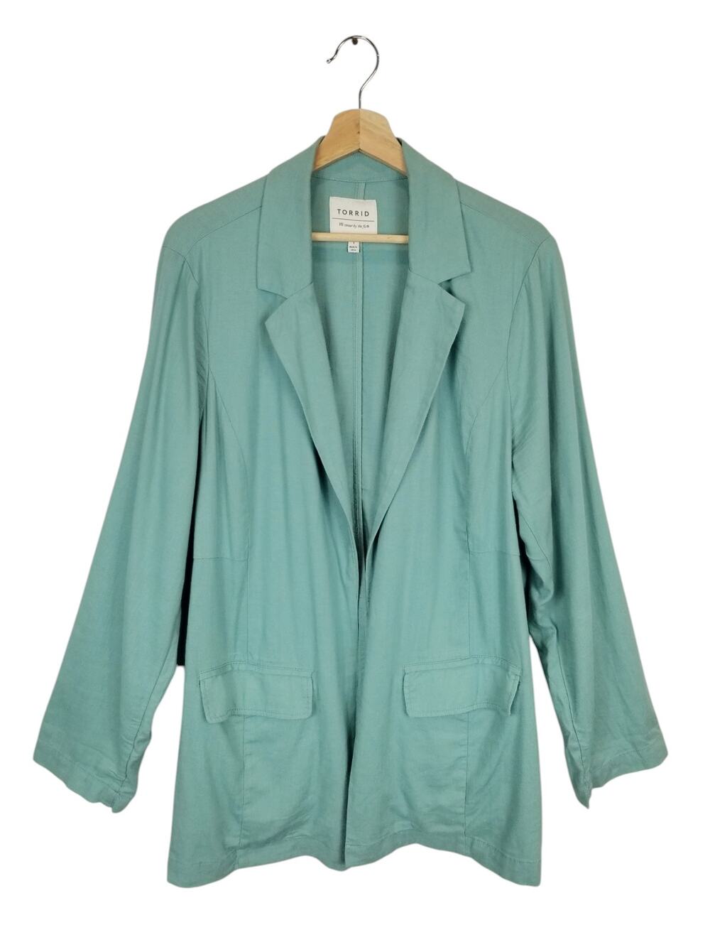 Torrid Women's Rayon Linen Relaxed Open Front Blazer Jacket Aqua Blue 1X